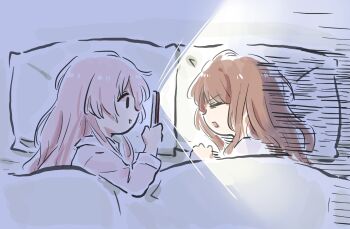 2girls bang_dream! bang_dream!_it&#039;s_mygo!!!!! brown_hair camera_flash cellphone chihaya_anon closed_eyes commentary highres holding holding_phone long_hair lyy multiple_girls nagasaki_soyo open_mouth pajamas phone pillow pink_hair pink_shirt shirt sidelocks sleeping smartphone taking_picture upper_body