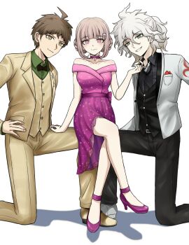 1girl 2boys ahoge bare_shoulders black_bow black_bowtie bow bowtie breasts brown_hair collared_shirt danganronpa_(series) danganronpa_10th_anniversary_costume danganronpa_2:_goodbye_despair dress green_shirt hair_ornament highres hinata_hajime jacket kmnm_1403 komaeda_nagito large_breasts long_sleeves looking_at_viewer male_focus medium_hair multiple_boys nanami_chiaki necktie official_alternate_costume pants pink_dress shirt short_hair smile