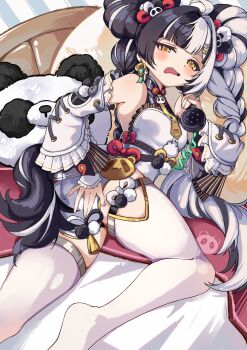 Rule 34 | 1girl, ahoge, animal-shaped pillow, animal print, aqua nails, bare shoulders, bear print, black hair, blush, braid, braided twintails, china dress, chinese clothes, commentary request, corded phone, detached sleeves, dialyn (zenless zone zero), dress, earrings, hair intakes, hair ornament, hairclip, half-closed eye, hand on own arm, highres, holding, holding phone, indoors, jewelry, long hair, looking at viewer, lying, multicolored hair, multicolored nails, necktie, no shoes, ntmy4332, on bed, on side, open mouth, panda hair ornament, panda print, phone, pillow, pink nails, solo, split-color hair, thighhighs, white dress, white hair, white thighhighs, yellow eyes, yellow necktie, zenless zone zero