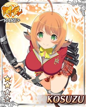 1girl ahoge armor border bow bowtie breasts card_(medium) chainmail clarinet closed_mouth game_cg green_eyes holding holding_instrument instrument knee_pads kosuzu_(senran_kagura) large_breasts looking_at_viewer non-web_source official_alternate_costume official_art orange_hair plaid_clothes plaid_skirt red_shirt red_skirt senran_kagura senran_kagura_new_wave shirt skirt smile solo treble_clef yellow_bow yellow_bowtie