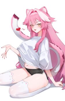 1girl absurdres animal_ear_legwear animal_ears black_nails black_shorts blush breasts cat_ear_legwear commentary fang fingernails hair_intakes hashtag-only_commentary heart highres hololive hololive_english large_breasts long_hair long_sleeves looking_at_viewer multicolored_hair nail_polish navel open_mouth panther_ears panther_girl panther_tail pink_hair pink_tail raora_panthera reachisang shirt shorts simple_background sitting smile solo stomach streaked_hair tail thighhighs thighs virtual_youtuber white_background white_shirt white_thighhighs yellow_eyes yokozuwari