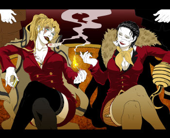 2girls balalaika_(black_lagoon) biliken black_hair black_lagoon blonde_hair blue_eyes breasts cigar crocodile_(one_piece) crossover genderswap genderswap_(mtf) highres hook_hand large_breasts legs long_hair multiple_girls one_piece ponytail scar short_hair sitting smile smoke smoking thighhighs yellow_eyes