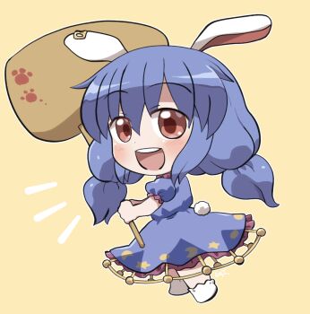 1girl :d animal_ears blue_dress blue_hair blush chibi chibi_only commentary_request crescent_print dot_nose dress frilled_dress frilled_sleeves frills full_body hair_between_eyes holding holding_mallet long_hair low_twintails mallet notice_lines open_mouth outline print_dress rabbit_ears rabbit_girl rabbit_tail red_eyes rokugou_daisuke seiran_(touhou) short_sleeves signature simple_background smile solo standing star_(symbol) star_print tail touhou twintails white_outline yellow_background