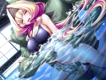 Rule 34 | 1boy, 1girl, azarin (exs-tia), barefoot, black hairband, blonde hair, blue one-piece swimsuit, blush, breasts, censored, cleavage, clothes pull, clothing aside, collarbone, colored skin, competition swimsuit, covered erect nipples, cum, cum in pussy, cum on body, game cg, green skin, hair intakes, hairband, half-closed eyes, headband, hetero, indoors, inoino, kouyoku senki exs-tia, large breasts, large variant set, long hair, mosaic censoring, non-web source, official art, one-piece swimsuit, one-piece swimsuit pull, open mouth, orc, partially submerged, penis, pool, school swimsuit, sex, sideboob, solo focus, sportgil, swimsuit, swimsuit aside, tears, vaginal, variant set, very long hair, water, wet