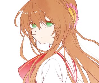 Rule 34 | 1girl, braid, brown hair, chogi, closed mouth, commentary request, dress, eyebrows hidden by hair, eyelashes, flat color, floating hair, flower, from side, frown, green eyes, hair between eyes, hair flower, hair ornament, kanbe kotori, kazamatsuri institute high school uniform, long hair, looking at viewer, neck ribbon, pink flower, red ribbon, rewrite, ribbon, sad, school uniform, side braid, simple background, solo, split mouth, upper body, white background, white dress