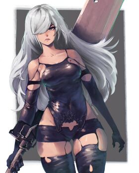 Rule 34 | 1girl, a2 (nier:automata), alt text, android, artist name, bare shoulders, border, breasts, closed mouth, commentary, covered navel, english commentary, eyelashes, greatsword, hair over one eye, highres, holding, holding sword, holding weapon, long hair, medium breasts, miss faves, mole, mole under mouth, nier:automata, nier (series), outside border, skindentation, solo, standing, sword, twitter username, weapon, white border, white hair