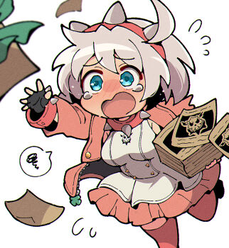 1girl ahoge black_gloves blue_eyes blush bracelet breasts chibi clover collar dress elphelt_valentine fingerless_gloves four-leaf_clover frilled_dress frills gloves guilty_gear guilty_gear_strive hairband highres holding holding_paper huge_ahoge itsuka_neru jacket jewelry large_breasts long_sleeves looking_at_viewer open_clothes open_jacket open_mouth paper paper_stack pink_dress pink_hairband pink_jacket short_hair skull_print spiked_bracelet spiked_collar spiked_hairband spikes two-tone_dress white_dress white_hair
