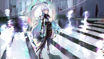 Rule 34 | 1girl, aqua hair, black dress, black pantyhose, blue eyes, colored eyelashes, colored inner hair, commentary, dress, goddess of victory: nikke, high ponytail, highres, jindogod, long hair, multicolored hair, nayuta (nikke), outdoors, pantyhose, ponytail, prosthesis, prosthetic arm, road, solo, street, symbol-only commentary, two-tone dress, unusually open eyes, very long hair, white eyelashes