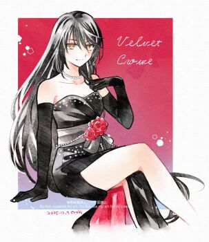 1girl alternate_costume black_dress black_gloves black_hair border character_name closed_mouth commentary_request crossed_legs dated dress elbow_gloves enoki_(megaclam) flower gloves long_hair outside_border red_background red_flower red_rose rose short_dress sitting smile solo tales_of_(series) tales_of_berseria twitter_username velvet_crowe watermark white_border yellow_eyes