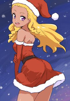 1girl amamiya_elena ass bare_shoulders blonde_hair breasts commentary cowboy_shot dark-skinned_female dark_skin dress elbow_gloves from_behind fur-trimmed_dress fur-trimmed_gloves fur-trimmed_headwear fur_trim gloves hat highres leaning_forward long_hair looking_at_viewer looking_back mole mole_under_eye night open_mouth outdoors precure purple_eyes red_dress red_gloves red_hat santa_costume santa_hat sky small_breasts smile snowing solo star_twinkle_precure strapless strapless_dress teeth upper_teeth_only uraki