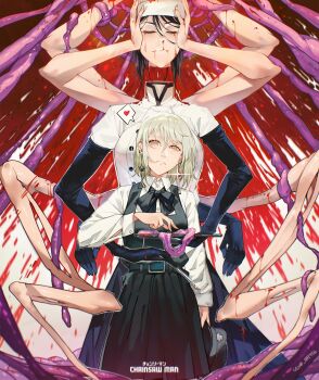 2girls arthropod_limbs blood blood_drip blood_from_mouth bloody_tears cesar_art456 chainsaw_man chef chef_hat closed_eyes commentary extra_arms falling_devil_(chainsaw_man) fami_(chainsaw_man) fourth_east_high_school_uniform hat heart highres holding_detached_head intestines multiple_girls school_uniform severed_head short_hair spanish_commentary spoilers spoken_heart