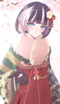 Rule 34 | 1girl, absurdres, black gloves, black hair, black kimono, blue eyes, blunt bangs, bob cut, cherry blossoms, closed mouth, commentary request, falling petals, flower, fur-trimmed kimono, fur trim, gloves, green kimono, grey streaks, hair flower, hair ornament, hakama, highres, hololive, hololive dev is, japanese clothes, juufuutei raden, juufuutei raden (new year), kanzashi, kentotto, kimono, long sleeves, looking at viewer, multicolored hair, multicolored kimono, obi, official alternate costume, official alternate hair length, official alternate hairstyle, open hand, petals, pink petals, red flower, red hakama, sash, short hair, smile, solo, streaked hair, two-tone hair, virtual youtuber, white flower, wide sleeves, yellow kimono
