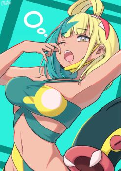 1girl aqua_hair armpits bandeau black_mask blonde_hair blue_bandeau blue_eyes breasts canari_(pokemon) canari_(pokemon)_(swimsuit) closed_eyes colored_sclera criss-cross_straps dark-skinned_female dark_skin eel eelektross fangs fish gen_5_pokemon hair_down hairband highres jacket lamprey mask mask_pull mochitaro_(mothitaroo) mouth_mask multicolored_hair navel nintendo one_eye_closed open_mouth pokemon pokemon_(creature) pokemon_legends:_z-a red_hairband red_sclera split-color_hair stomach teeth two-tone_hair two-tone_mask yawning yellow_bandeau yellow_jacket yellow_mask