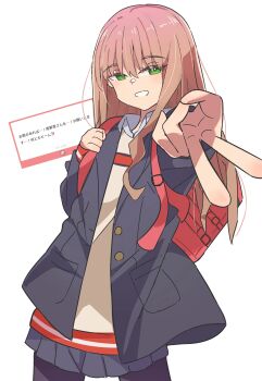 1girl absurdres bag blush breasts brown_hair commentary green_eyes gridman_universe highres jacket long_hair long_sleeves looking_at_viewer minami_yume nuuji_nuge open_mouth pantyhose pleated_skirt request_inset school_bag school_uniform shirt simple_background skirt smile solo ssss.dynazenon thighhighs untranslatable_commentary