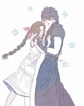 1boy 1girl aerith_gainsborough armor baggy_pants black_gloves black_hair blue_flower blush braid braided_ponytail brown_hair commentary_request couple crisis_core:_final_fantasy_vii dress feet_out_of_frame final_fantasy final_fantasy_vii flower from_side gloves hair_ribbon hands_on_another&#039;s_chest hatidoricrisp highres looking_at_another open_mouth pants parted_bangs pink_ribbon ponytail profile ribbon shoulder_armor simple_background sleeveless sleeveless_turtleneck smile spiked_hair sweater turtleneck turtleneck_sweater white_dress zack_fair