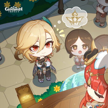 2boys 2girls absurdres blonde_hair blunt_bangs boots brown_hair chibi closed_eyes closed_mouth commentary copyright_name crossed_arms dot_nose english_commentary flower genshin_impact gradient_hair hair_between_eyes hair_ornament hand_on_own_chin hand_up highres horns kaveh_(genshin_impact) light_smile long_hair long_sleeves looking_up multicolored_hair multiple_boys multiple_girls nilou_(genshin_impact) official_art open_mouth pants parted_bangs puffy_long_sleeves puffy_sleeves red_eyes red_hair short_sleeves sparkling_eyes standing yellow_flower