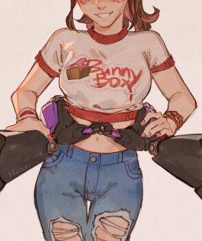 1boy 1girl artist_name blush breasts cardboard_d.va commentary couple crop_top d.va_(overwatch) denim english_commentary hands_on_another&#039;s_wrists head_out_of_frame hetero humanoid_robot jeans medium_breasts midriff navel official_alternate_costume out_of_frame overwatch overwatch_2 pants pink_background pov pov_hands ramattra_(overwatch) robot shirt simple_background size_difference sweatdrop thigh_gap torn_clothes torn_jeans torn_pants torso_grab underwear velinxi white_shirt