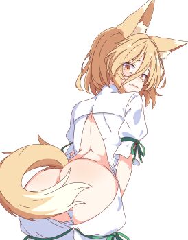 1girl absurdres animal_ears ass blonde_hair brown_eyes cameltoe commission flustered fox_ears fox_girl fox_tail highres korra_down kudamaki_tsukasa leaning_forward open_romper pixiv_commission romper simple_background solo tail tail_censor touhou white_background white_romper