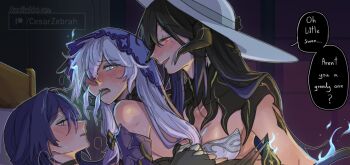 3girls acheron_(honkai:_star_rail) black_hair black_swan_(honkai:_star_rail) blush breasts cesar_zebrah choker claws commentary constance_(honkai:_star_rail) demon_horns detached_sleeves english_commentary english_text fff_threesome finger_to_mouth group_sex hair_over_one_eye hat heavy_breathing highres honkai:_star_rail honkai_(series) horns large_breasts long_hair looking_at_another mole mole_under_eye multiple_girls purple_hair red_eyes speech_bubble threesome tongue tongue_out veil yellow_eyes yuri