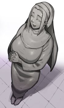 Rule 34 | 1girl, breasts, colored eyelashes, colored sclera, colored skin, cracked skin, curtained hair, dutch angle, exhatomi, forehead, from above, full body, grey hair, grey sclera, grey skin, highres, no irises, no pupils, nun, nun headdress, open mouth, original, own hands clasped, own hands together, parted bangs, petrification, pupiless eyes, shadow, sidelocks, smile, solid eyes, solo, standing, statue, stone skin, teeth, tile floor, tiles, transformation
