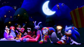 Rule 34 | blue dress, blue fur, blush, caine (the amazing digital circus), chaos emerald, circus, circus tent, commentary, crescent moon, dress, english commentary, gangle (the amazing digital circus), gem, gloves, green eyes, harlequin, holding, holding gem, hunicrio, jax (the amazing digital circus), kinger (the amazing digital circus), long dress, looking up, mask, moon, night, overalls, pomni (the amazing digital circus), ragatha (the amazing digital circus), ragdoll, red hair, red ribbon, ribbon, smile, sonic (series), sonic the hedgehog, the amazing digital circus, tree, white gloves, yellow gemstone