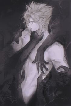 Rule 34 | blonde hair, closed eyes, closed mouth, cloud strife, commentary, ddddctb, disembodied hand, final fantasy, final fantasy vii, groping, hair between eyes, hand on another's chest, hand on another's neck, hand on another's shoulder, highres, holding another's arm, male focus, nude, parted lips, short hair, spiked hair, untranslatable commentary, upper body, yaoi