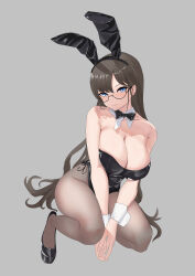 Rule 34 | 1girl, absurdres, animal ears, black bow, black bowtie, black hair, black leotard, blue eyes, bow, bowtie, breasts, cleavage, detached collar, glasses, grey background, grey pantyhose, highres, large breasts, leotard, m-edge, original, pantyhose, playboy bunny, rabbit ears, simple background, smile, solo, squatting, strapless, strapless leotard, wrist cuffs