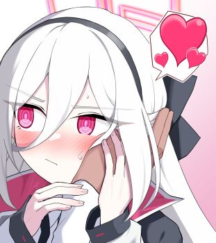Rule 34 | 1girl, 1other, :/, absurdres, amtkmituki, averting eyes, black bow, blue archive, blush, bow, closed mouth, commentary request, double-parted bangs, embarrassed, eyes visible through hair, frown, hair between eyes, hair bow, half updo, halo, hand on another's cheek, hand on another's face, heart, highres, holding hands, jacket, kei (blue archive), kei (new body) (blue archive), long hair, long hair between eyes, long sleeves, looking to the side, nose blush, pink background, pink halo, pov, pov hands, rectangular halo, red eyes, ringed eyes, school uniform, simple background, solo focus, speech bubble, spoken heart, sweatdrop, v-shaped eyebrows, white hair, white jacket