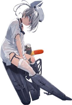 1girl bad_link ballet_boots black_one-piece_swimsuit dace_(kancolle) dixie_cup_hat fish full_body garter_straps grey_eyes grey_hair hat headgear kantai_collection looking_at_viewer machinery military_hat official_art one-piece_swimsuit shirt shizuma_yoshinori side_ponytail single_garter_strap single_thighhigh sleeves_past_fingers sleeves_past_wrists solo swimsuit swimsuit_under_clothes thighhighs torpedo transparent_background white_hat white_shirt