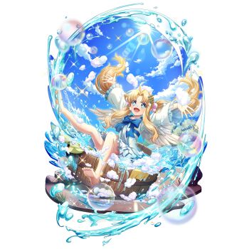 1girl :d arms_up artist_request bare_legs barefoot bird_girl bird_wings blonde_hair blue_bow blue_dress blue_eyes blue_sky bow chest_bow child cloud cloudy_sky curtained_hair day dress feathered_wings filo_(tate_no_yuusha_no_nariagari) floating_hair foam frilled_dress frilled_sleeves frills full_body game_cg hair_floating_upwards hair_ornament happy in_washtub long_hair long_sleeves looking_at_viewer medium_dress official_alternate_hairstyle official_art open_mouth outdoors outstretched_arms sitting sky smile soap_bubbles solo sparkle splashing spread_fingers sun sunlight tate_no_yuusha_no_nariagari tate_no_yuusha_no_nariagari_rerise transparent_background twintails two-tone_dress washtub white_dress white_wings wings