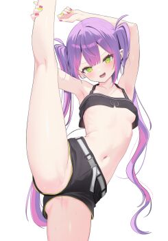 1girl absurdres black_shorts black_tank_top blush breasts collarbone fingernails green_nails highres hololive leg_up long_hair looking_at_viewer multicolored_hair nail_polish navel nekonosuke open_mouth pink_hair pink_nails purple_hair shorts simple_background small_breasts smile solo split standing standing_on_one_leg standing_split stomach tank_top thighs tokoyami_towa twintails two-tone_hair very_long_hair virtual_youtuber white_background