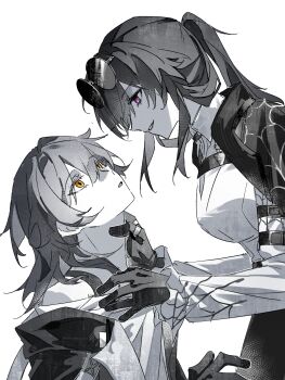 2girls breasts chinese_commentary collared_shirt commentary_request eye_contact eyewear_on_head gloves greyscale hand_on_another&#039;s_neck highres honkai:_star_rail honkai_(series) jacket kafka_(honkai:_star_rail) large_breasts long_hair long_sleeves looking_at_another monochrome multiple_girls off-shoulder_shirt off_shoulder open_clothes open_jacket parted_lips ponytail profile shirt smile spot_color stelle_(honkai:_star_rail) sunglasses trailblazer_(honkai:_star_rail) xianyuqihaouki yellow_eyes yuri