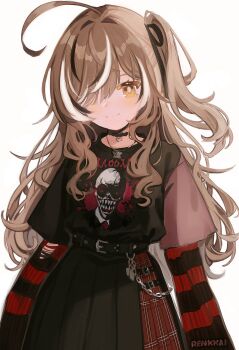 1girl ahoge arms_at_sides wallet_chain black_hair black_shirt black_skirt brown_hair commentary emo_fashion hair_over_one_eye highres hololive hololive_english long_hair looking_at_viewer multicolored_hair nanashi_mumei nanashi_mumei_(emo) nightmare_(nanashi_mumei) one_side_up renkkai shirt simple_background skirt solo streaked_hair striped_clothes striped_sweater sweater sweater_under_shirt torn_clothes torn_sweater two-tone_sweater upper_body virtual_youtuber wavy_hair white_background white_hair yellow_eyes