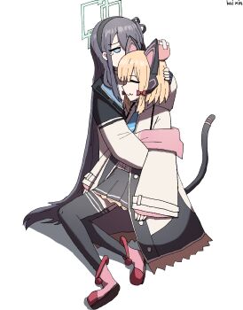 2girls absurdly_long_hair absurdres animal_ear_headphones animal_ears aris_(blue_archive) bandaid bandaid_on_head black_hairband black_thighhighs blonde_hair blue_archive blue_halo cat_ear_headphones cat_ears cat_tail fake_animal_ears fake_tail fine_art_parody green_halo hair_between_eyes hairband halo hand_on_another&#039;s_head head_hug headphones highres ivan_the_terrible_and_his_son_ivan kai_xin long_hair long_hair_between_eyes long_sleeves low-tied_sidelocks momoi_(blue_archive) multiple_girls one_side_up parody rectangular_halo short_hair sidelocks tail thighhighs very_long_hair
