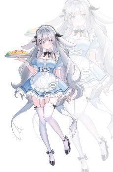 Rule 34 | absurdres, adina savic, apron, black shoes, black survival, breasts, commentary request, cross hair ornament, eternal return: black survival, food, hair ornament, highres, korean commentary, long hair, maid, maid apron, maid headdress, name tag, omelet, omurice, ribbon, shoes, syul (se 1s3v), thighhighs, white thighhighs