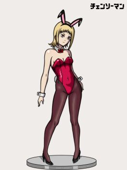Rule 34 | animal ears, blonde hair, chainsaw man, djangoultra, fake animal ears, high heels, highres, leotard, pantyhose, playboy bunny, rabbit ears, red leotard, sawatari akane (chainsaw man)