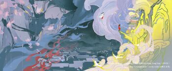 2boys absurdres architecture arrow_(projectile) bare_tree bird blue_sky building chinese_clothes city cliff closed_eyes cloud crying east_asian_architecture fire flower frown hanfu hezhishanchuan highres hua_cheng long_hair male_focus mountain mountainous_horizon multiple_boys night night_sky official_art outdoors pink_flower rain red_hanfu scenery sky standing symbolism tianguan_cifu tree white_hanfu wide_shot xie_lian yellow_bird