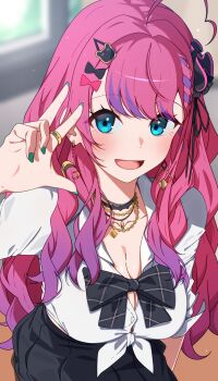 Rule 34 | 1girl, ahoge, aqua eyes, black bow, black choker, black ribbon, black skirt, blurry, blurry background, blush, bow, braid, breasts, choker, cleavage, collarbone, commentary, crescent, crescent earrings, day, diamond earrings, earrings, ecliygame, fingernails, green nails, hair bow, hair ornament, hair ribbon, hairclip, heart, heart ahoge, highres, indoors, jewelry, kuramochi meruto, kuramochi meruto (school uniform), large breasts, long hair, looking at viewer, mismatched earrings, multicolored hair, nail polish, necklace, nijisanji, open mouth, pink bow, pink hair, plaid bow, pleated skirt, purple hair, ribbon, ring, school uniform, shirt, skirt, smile, solo, teddy bear hair ornament, tied shirt, two-tone hair, virtual youtuber, w, white shirt
