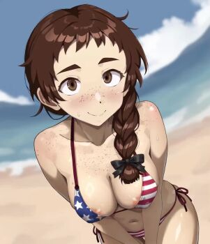 Rule 34 | 1girl, :d, american flag, american flag bikini, american flag print, animated, areola slip, bare shoulders, beach, bikini, blinking, blurry, blurry background, blush, body freckles, braid, breast freckles, breasts, brown eyes, brown hair, cleavage, closed mouth, cowboy shot, day, depth of field, flag print, flag print bikini, freckles, hair over shoulder, haruka naru enkei sekai, highres, large breasts, long hair, looking at viewer, looping animation, mary fiorentina, navel, onimushi hyogo, open mouth, outdoors, print bikini, shoulder freckles, side-tie bikini bottom, single braid, smile, solo, sweatdrop, swimsuit, tagme, tareme, thick eyebrows, upturned eyes, video