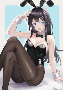 Rule 34 | 1girl, absurdres, animal ear hairband, animal ears, black bow, black bowtie, black hair, black leotard, bow, bowtie, breasts, crossed legs, detached collar, fake animal ears, feet out of frame, hair ornament, hairband, hairclip, highres, leotard, long hair, medium breasts, pantyhose, playboy bunny, purple eyes, rabbit ears, sakurajima mai, seishun buta yarou, sitting, solo, strapless, strapless leotard, tarutaru193, thighband pantyhose, v, wrist cuffs