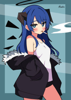 1girl absurdres arknights black_halo black_horns black_jacket black_shorts black_wings blue_eyes blue_hair blush cigarette commentary_request cowboy_shot demon_girl demon_horns detached_wings energy_wings fur_trim halo hendra highres horns jacket long_hair looking_at_viewer mostima_(arknights) shorts smoking solo traditional_halo wings
