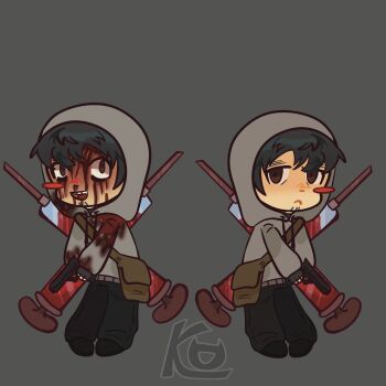 2boys bag black_eyes black_hair blood blood_on_clothes blood_on_face chibi chibi_only crazy_grin cry_of_fear dual_persona facial_hair frown full_body goatee_stubble gun handgun highres holding holding_gun holding_weapon konfettii looking_at_viewer multiple_boys oversized_object short_hair shoulder_bag simon_henriksson simon_henriksson_(book) standing stubble syringe weapon weapon_on_back