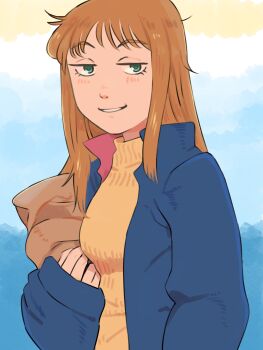 1girl blush brown_hair freckles gan2 green_eyes highres long_hair long_sleeves looking_at_viewer original shirt smile solo upper_body