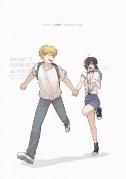 1boy 1girl backpack bag black_shoes blonde_hair bouquet chainsaw_man couple denim denji_(chainsaw_man) flower full_body grey_pants grey_shorts hair_between_eyes hetero highres holding holding_bouquet holding_hands jeans looking_at_another medium_hair open_mouth pants purple_hair reze_(chainsaw_man) running shirt shoes short_hair short_sleeves shorts smile sneakers socks suuri_0 t-shirt twitter_username white_background white_shirt white_shoes white_socks