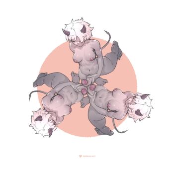 3futa artist_name breasts circle closed_eyes dark_skin demon_horns erection frottage full_body futanari highres horns leg_grab medium_breasts medium_penis multiple_futa multiple_persona nude penis penises_touching short_hair symmetry tail tailbox triangle white_hair yellow_background