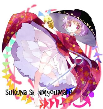 1girl barefoot bowl bowl_hat character_name commentary_request full_body hat holding_sewing_needle japanese_clothes kimono looking_at_viewer miracle_mallet one-hour_drawing_challenge open_mouth petticoat purple_eyes purple_hair red_kimono shinjitsu_no_kuchi short_hair solo sukuna_shinmyoumaru touhou white_background