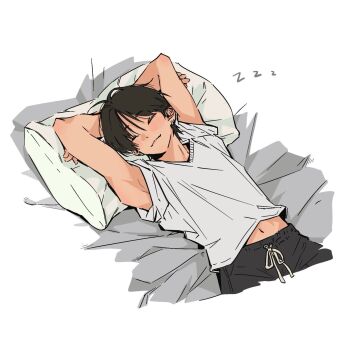 Rule 34 | 1boy, armpits, arms behind head, blush, brown hair, closed mouth, commentary, earrings, hair between eyes, highres, jewelry, lying, male focus, midriff peek, on back, original, pillow, shirt, short hair, sleeping, solo, untranslatable commentary, upper body, white background, xhx030302, zzz