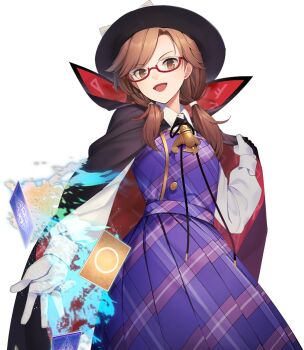 1girl arms_behind_back black_cloak black_hat bow brown_eyes brown_hair buttons cloak clothes_writing cowboy_shot eho_(icbm) game_cg glasses gloves hat hat_bow high_collar holding_cloak labyrinth_of_touhou_(series) labyrinth_of_touhou_tri long_sleeves low_twintails non-web_source open_mouth plaid_clothes plaid_skirt plaid_vest purple_skirt purple_vest quimbaya_airplane red-framed_eyewear red_cloak runes shirt short_hair skirt smile solo touhou transparent_background twintails two-sided_cloak two-sided_fabric usami_sumireko vest white_bow white_gloves white_shirt zener_card