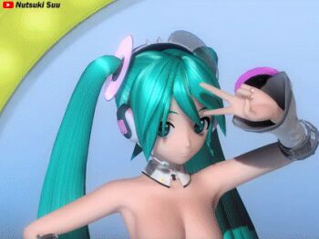 1girl 3d animated animated_gif artist_name blue_eyes blue_hair breasts detached_collar detached_sleeves female_focus functionally_nude hatsune_miku headset long_hair medium_breasts nipples nutsuki_suu project_diva project_diva_(series) solo twintails vocaloid