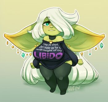 1girl black_shirt black_thighhighs breasts clothes_writing colored_skin commentary curvy earrings english_commentary english_text female_goblin fuck-me_shirt goblin green_skin highres huffslove huge_breasts huge_ears jewelry long_hair multiple_earrings off-shoulder_shirt off_shoulder original print_shirt regina_(huffslove) shirt shortstack solo thighhighs very_long_hair white_hair